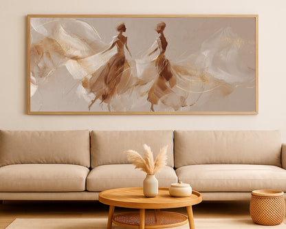 Fine art dancer print with airy fabric-like motion, warm neutral background, and textured painterly surface.