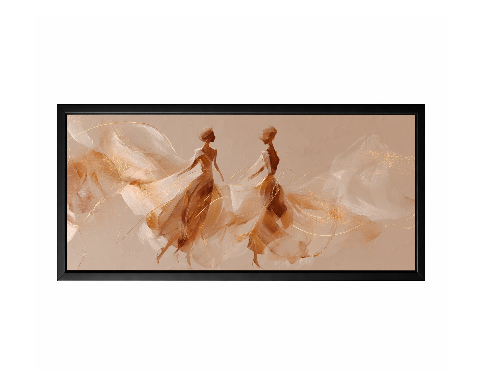Panoramic dancer figure wall art with two elegant forms, warm beige tones, ivory movement, and gold accents.