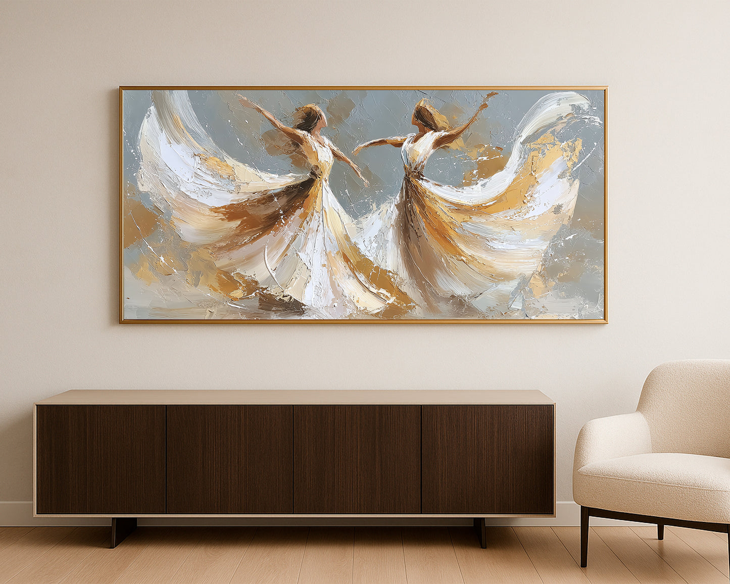 Abstract dancer figure artwork with flowing white movement, soft gray texture, and warm gold accents.