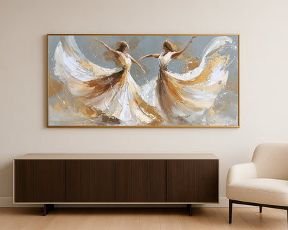 Abstract dancer figure artwork with flowing white movement, soft gray texture, and warm gold accents.