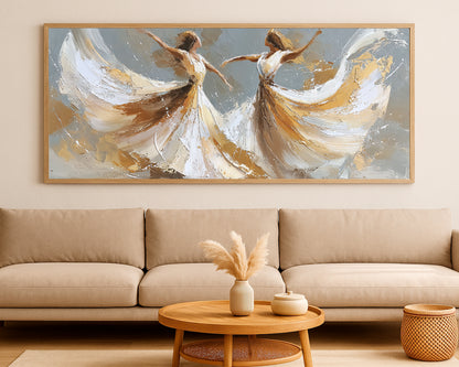 Elegant panoramic wall art featuring two dancers with sculptural brushwork and refined neutral colors