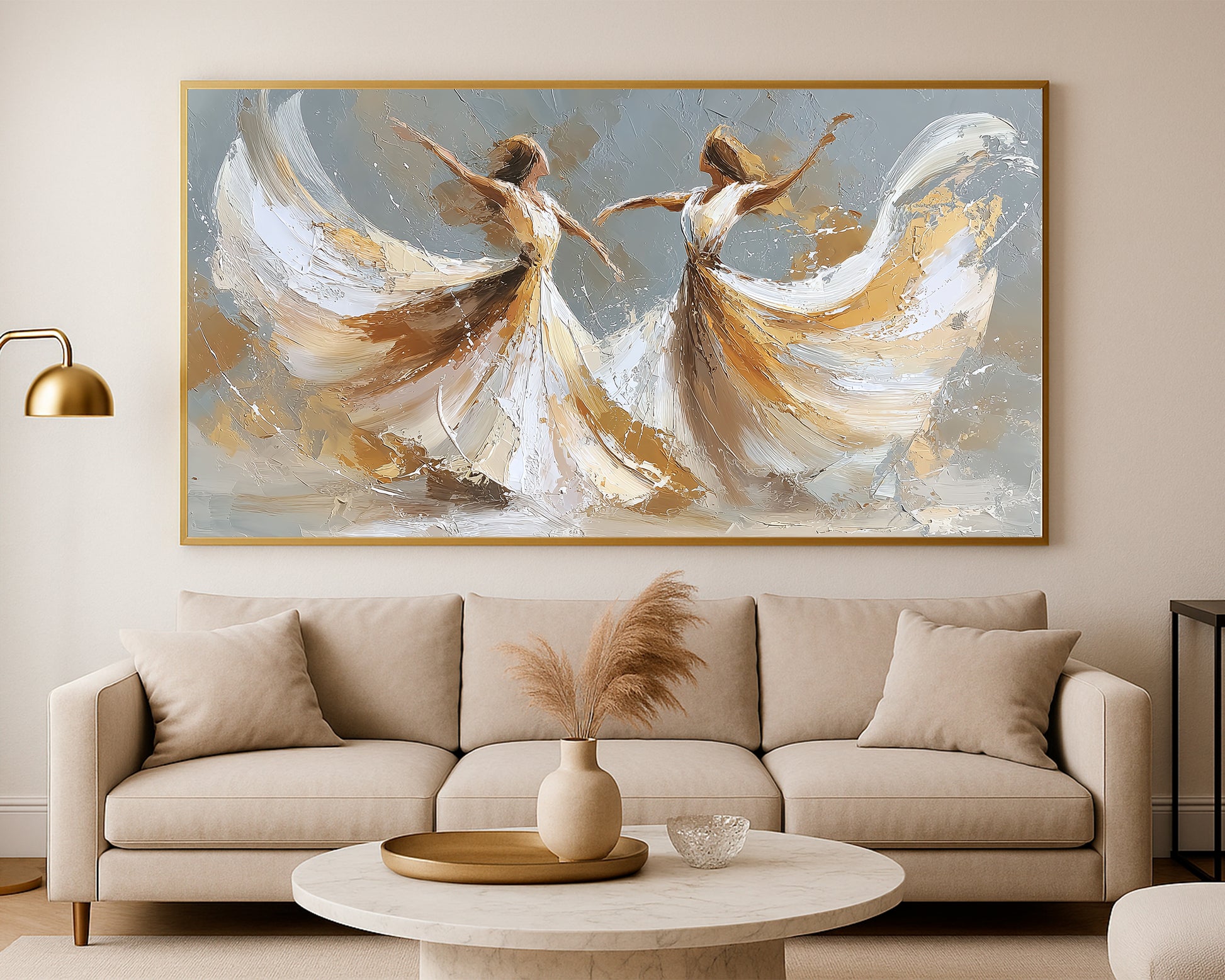 Neutral dancer print with wide flowing forms, textured gray background, and luminous gold detail.