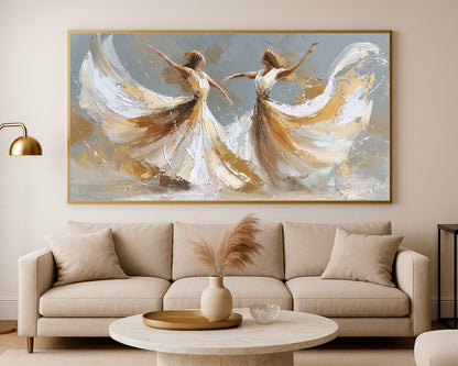 Neutral dancer print with wide flowing forms, textured gray background, and luminous gold detail.