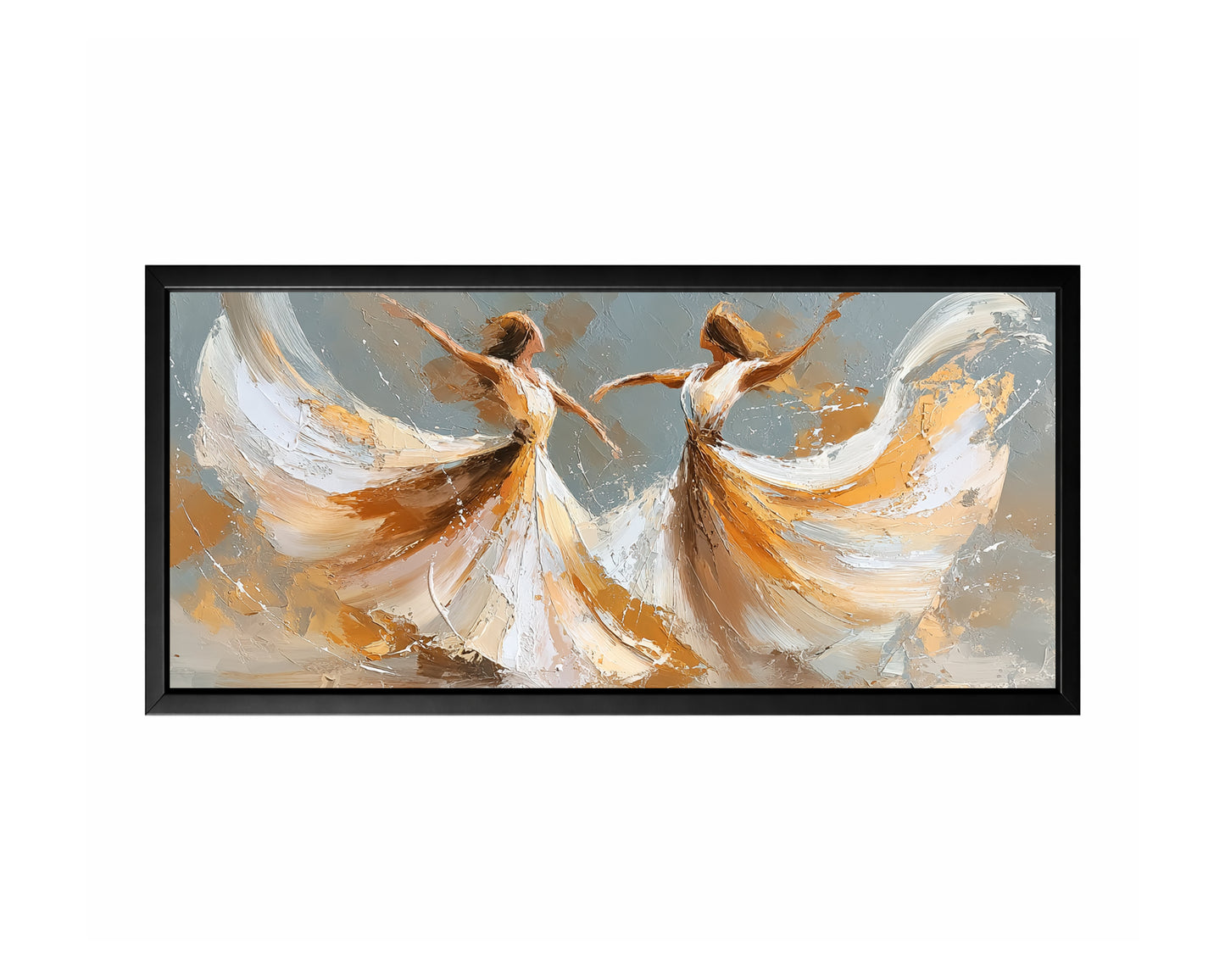 Panoramic white gold dancer wall art with two expressive figures and sweeping ivory fabric-like movement.