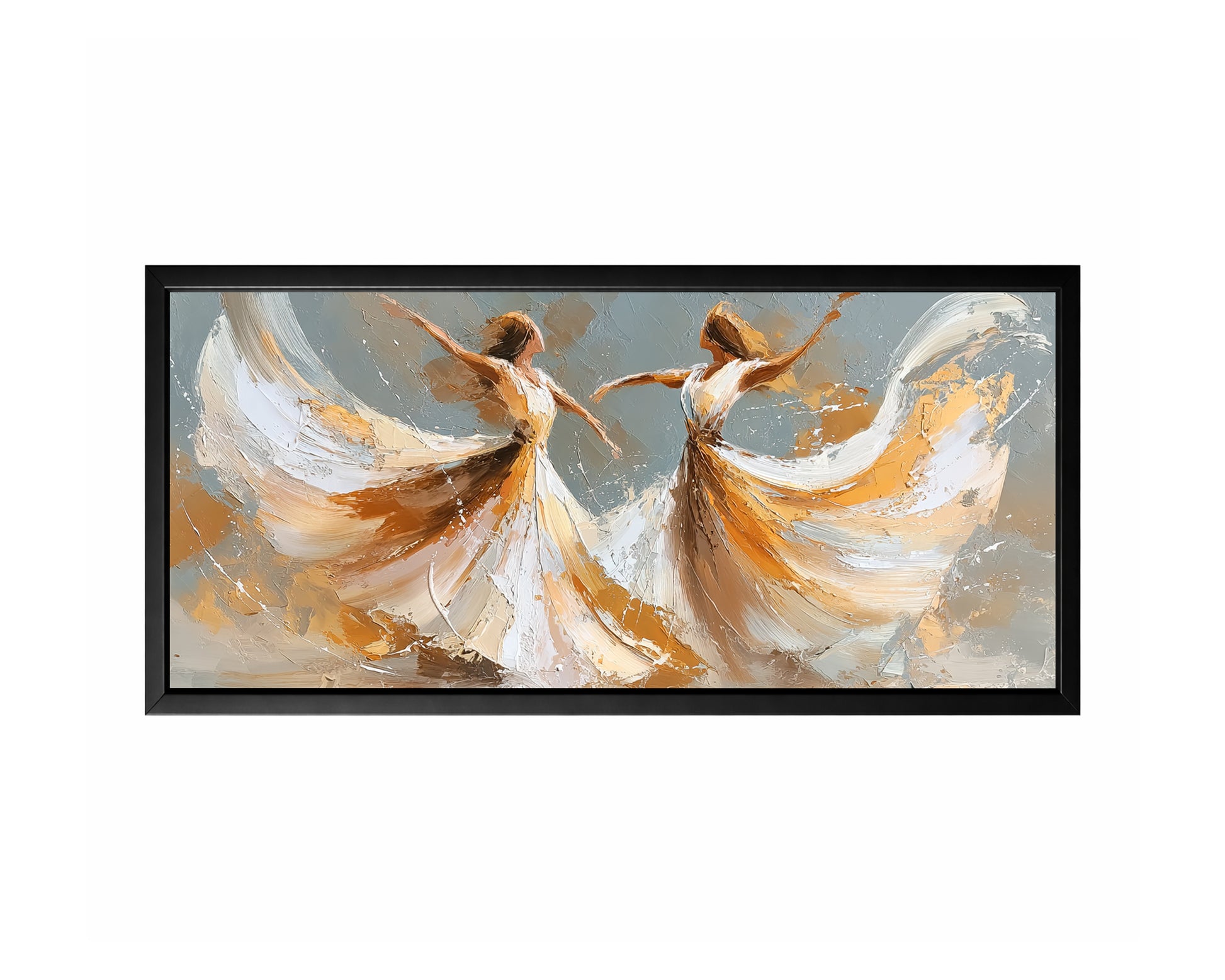 Panoramic white gold dancer wall art with two expressive figures and sweeping ivory fabric-like movement.