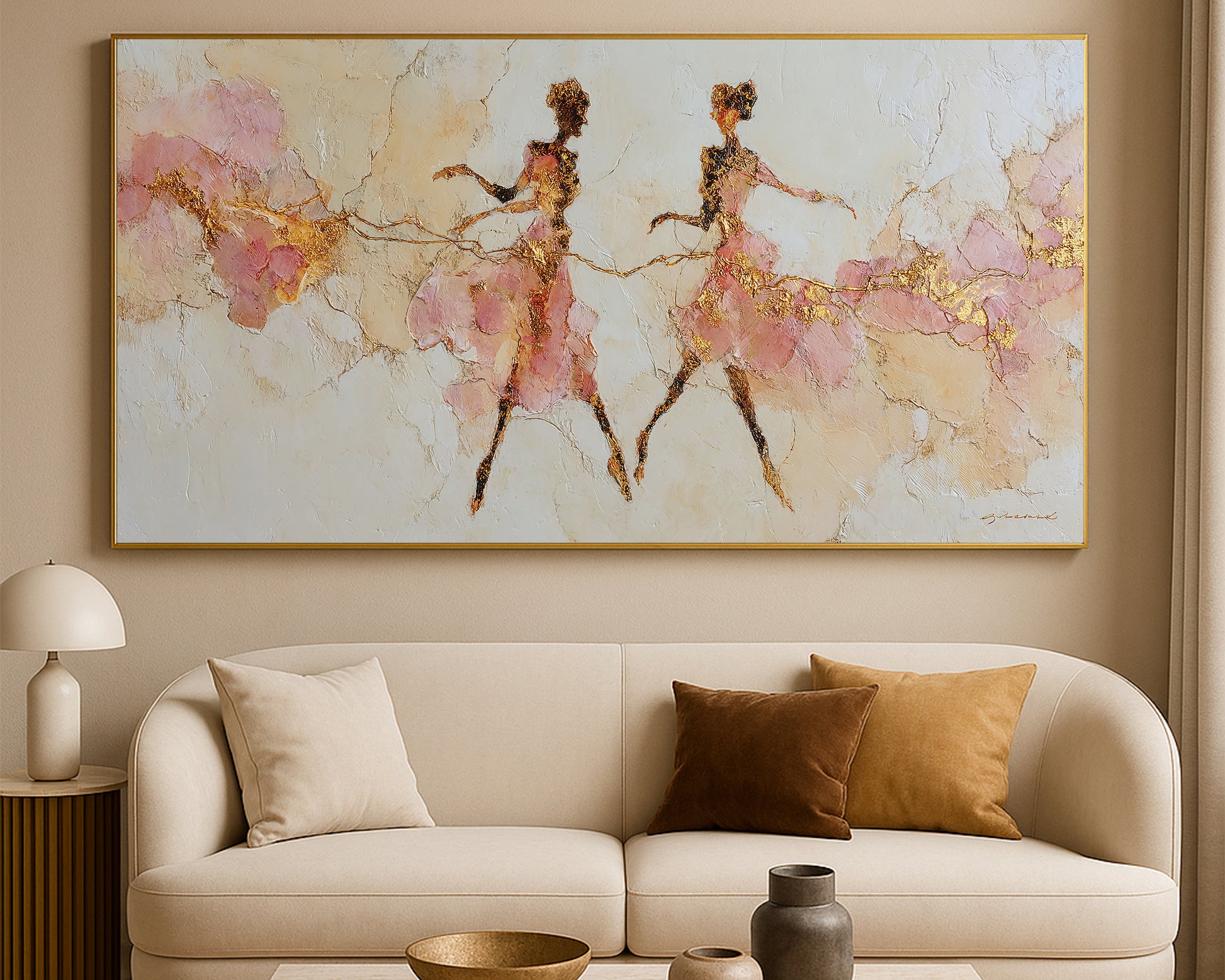 Wide abstract figure artwork showing two ballerina-like silhouettes with blush movement and gold accents.