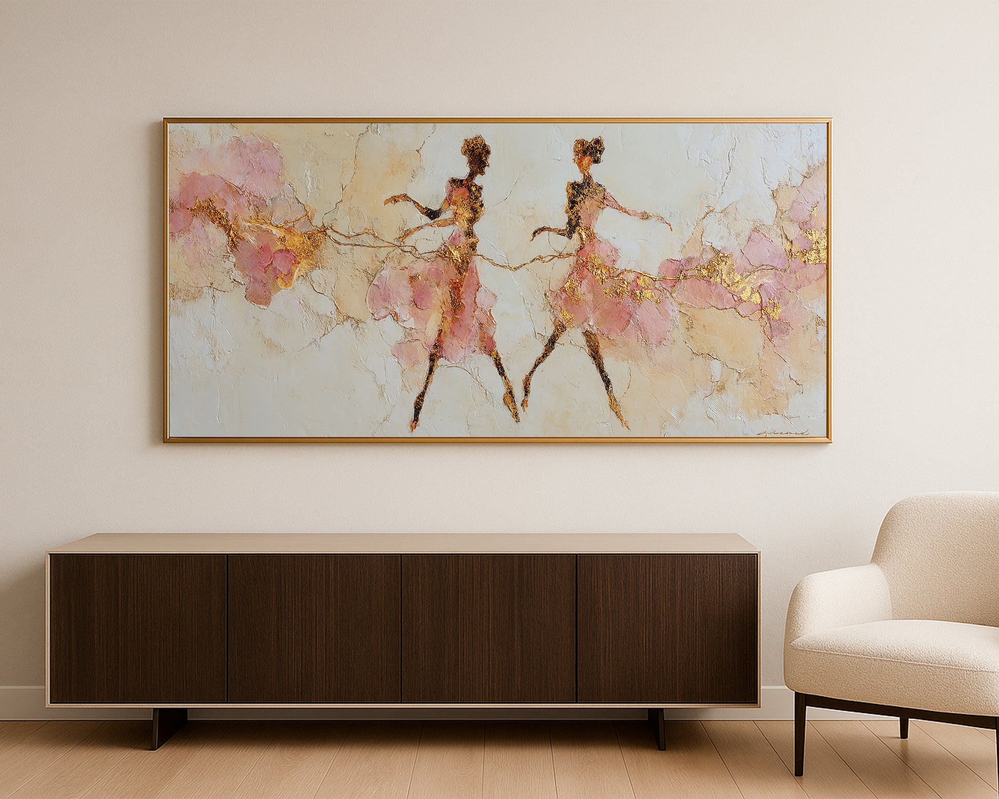 Elegant dancer wall art featuring two pink-toned figures, cream texture, and refined metallic-style details.