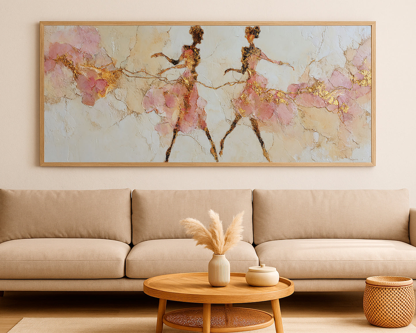 Fine art panoramic print with soft blush dancer forms, warm beige layers, and graceful gold highlights.