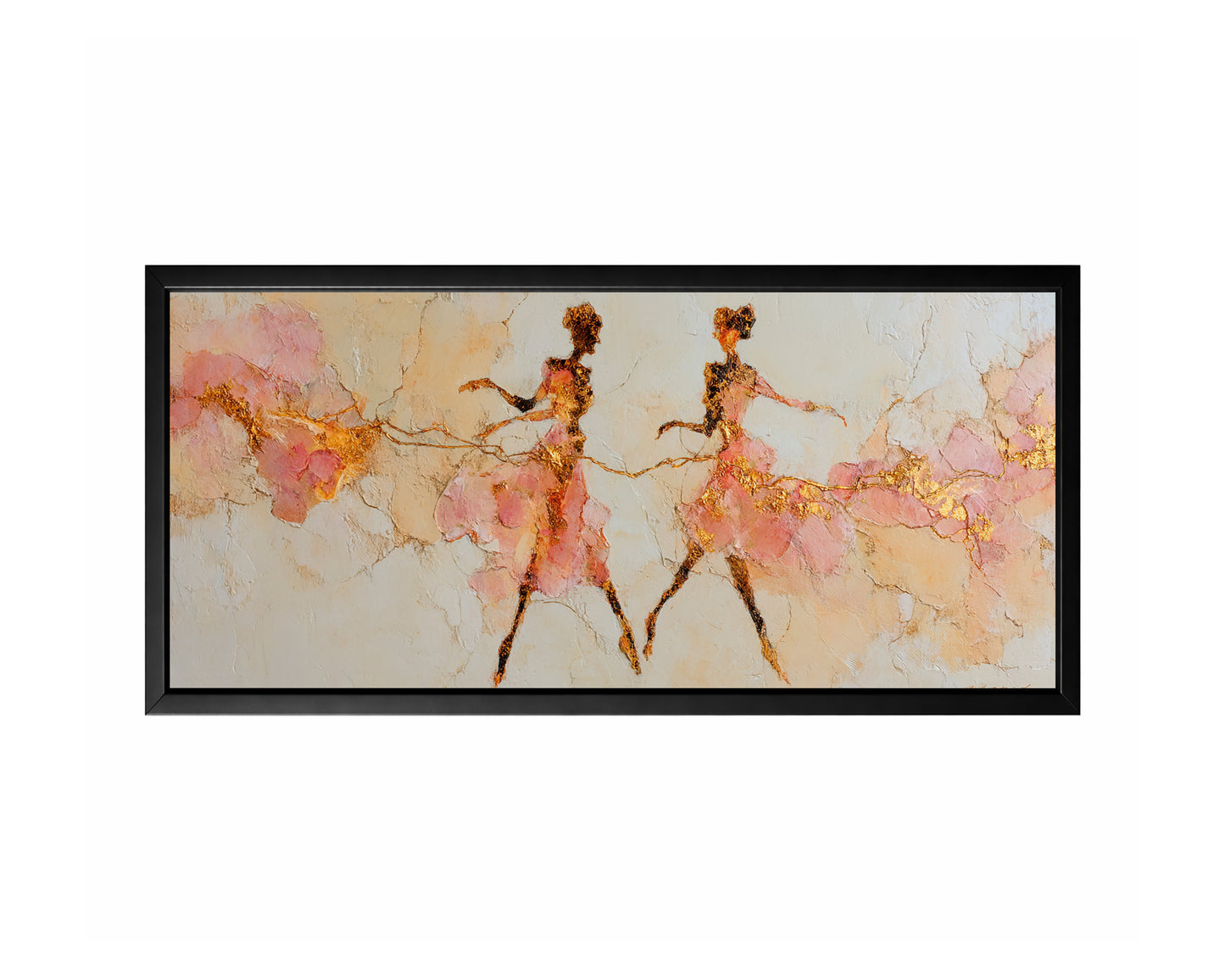Panoramic blush gold dancer wall art with two delicate figures, soft pink forms, and textured neutral background.