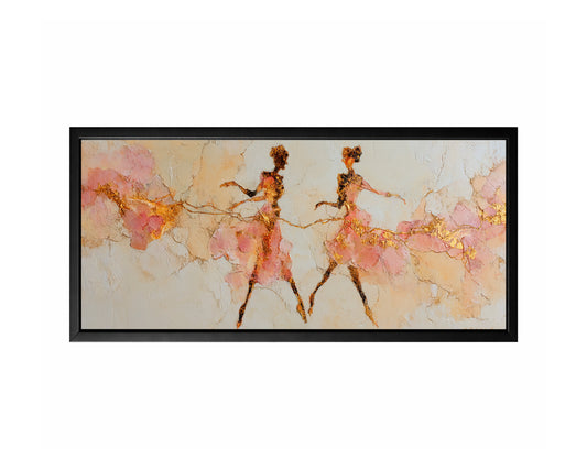 Panoramic blush gold dancer wall art with two delicate figures, soft pink forms, and textured neutral background.