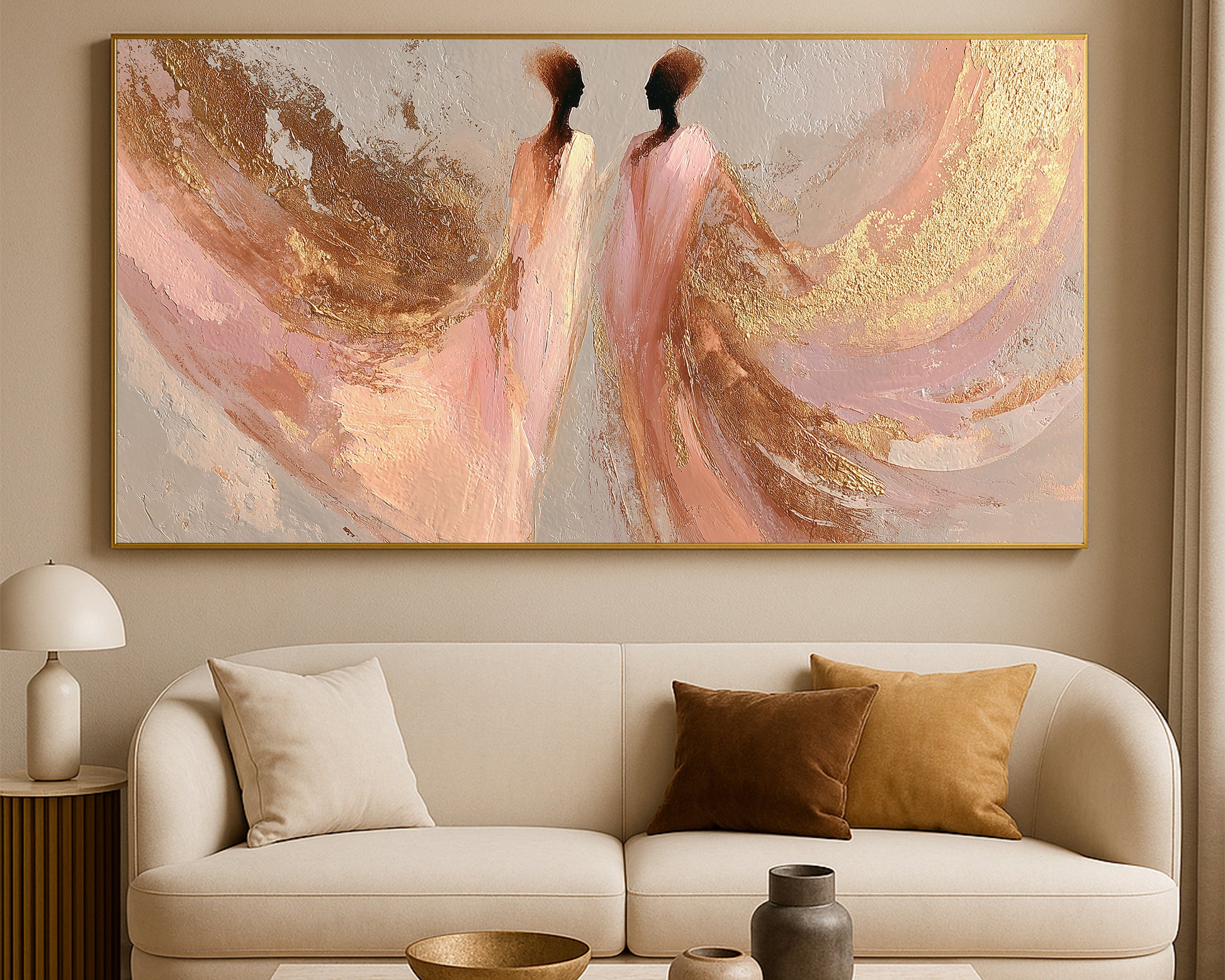 Wide abstract dancer artwork featuring two elegant silhouettes in blush, beige, brown, ivory, and gold tones.
