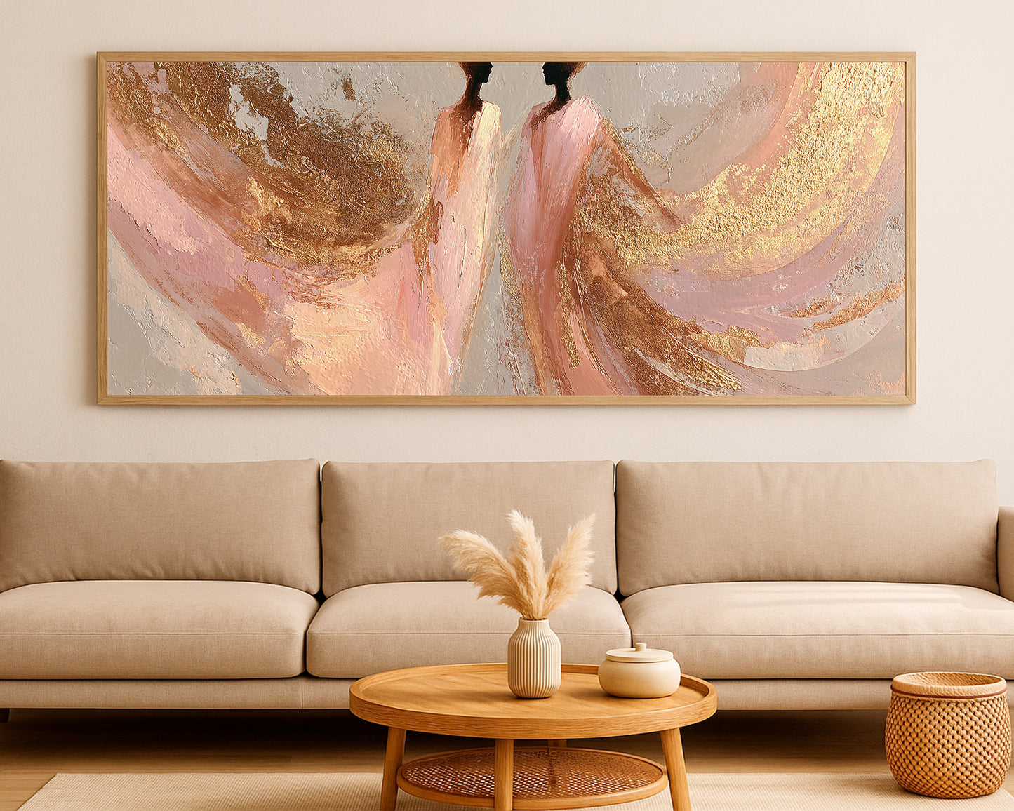 Elegant panoramic figure wall art showing two dancers surrounded by blush and gold painterly movement.