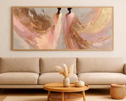 Elegant panoramic figure wall art showing two dancers surrounded by blush and gold painterly movement.