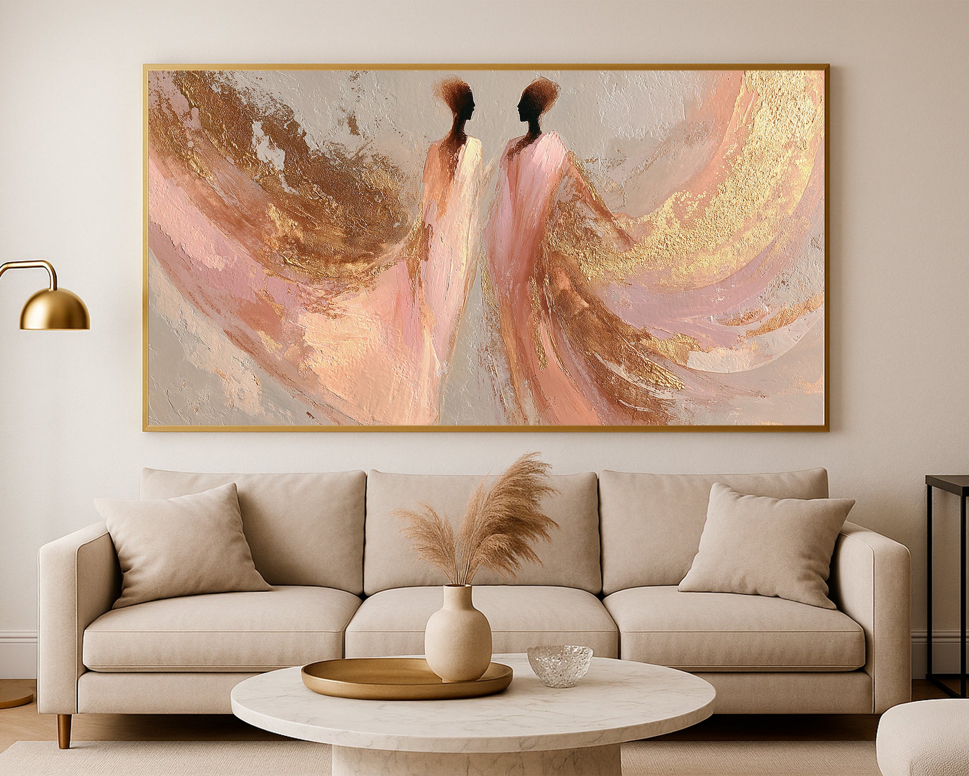 Abstract dancer silhouettes with airy fabric-like shapes, soft beige texture, and refined gold details.