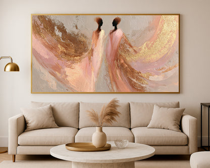 Abstract dancer silhouettes with airy fabric-like shapes, soft beige texture, and refined gold details.