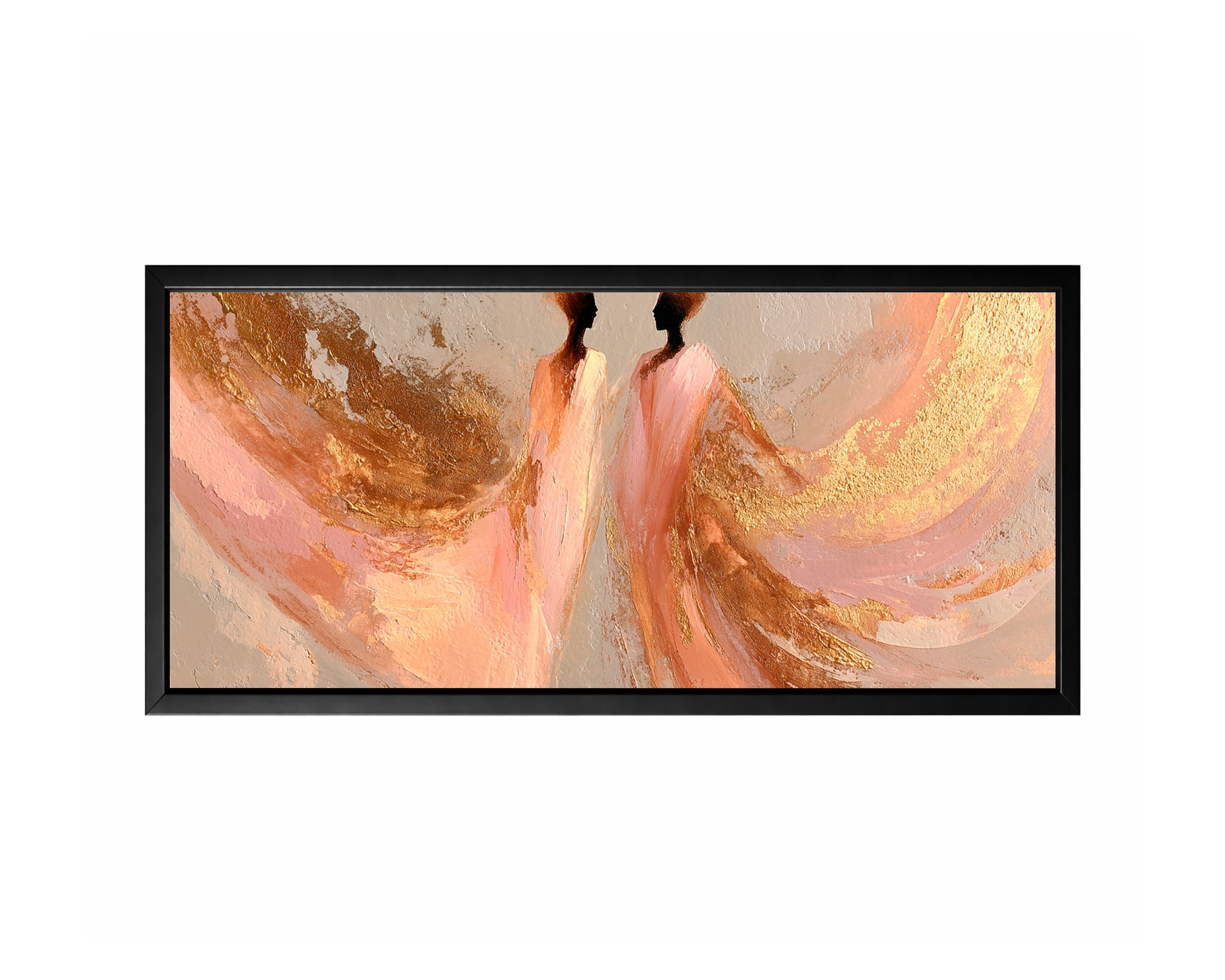 Panoramic blush gold dancer wall art with two abstract figures, flowing fabric movement, and warm neutral texture.