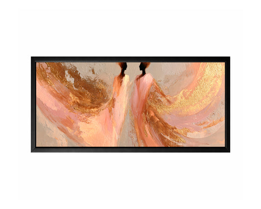 Panoramic blush gold dancer wall art with two abstract figures, flowing fabric movement, and warm neutral texture.
