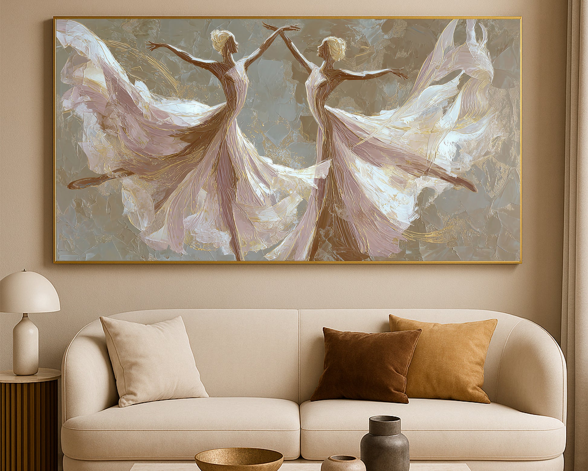 Wide neutral dancer artwork featuring ivory, beige, taupe, and gold brushwork on a textured gray background.