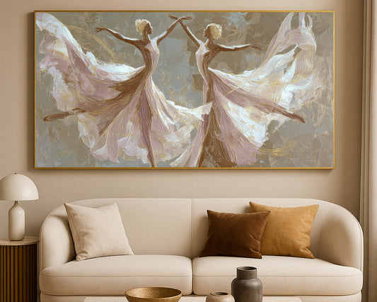 Wide neutral dancer artwork featuring ivory, beige, taupe, and gold brushwork on a textured gray background.