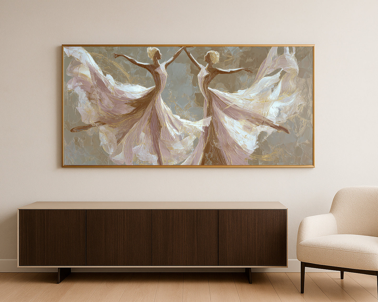 Fine art dancer print showing two graceful figures with flowing white forms and warm metallic-style accents.