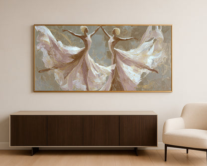 Fine art dancer print showing two graceful figures with flowing white forms and warm metallic-style accents.