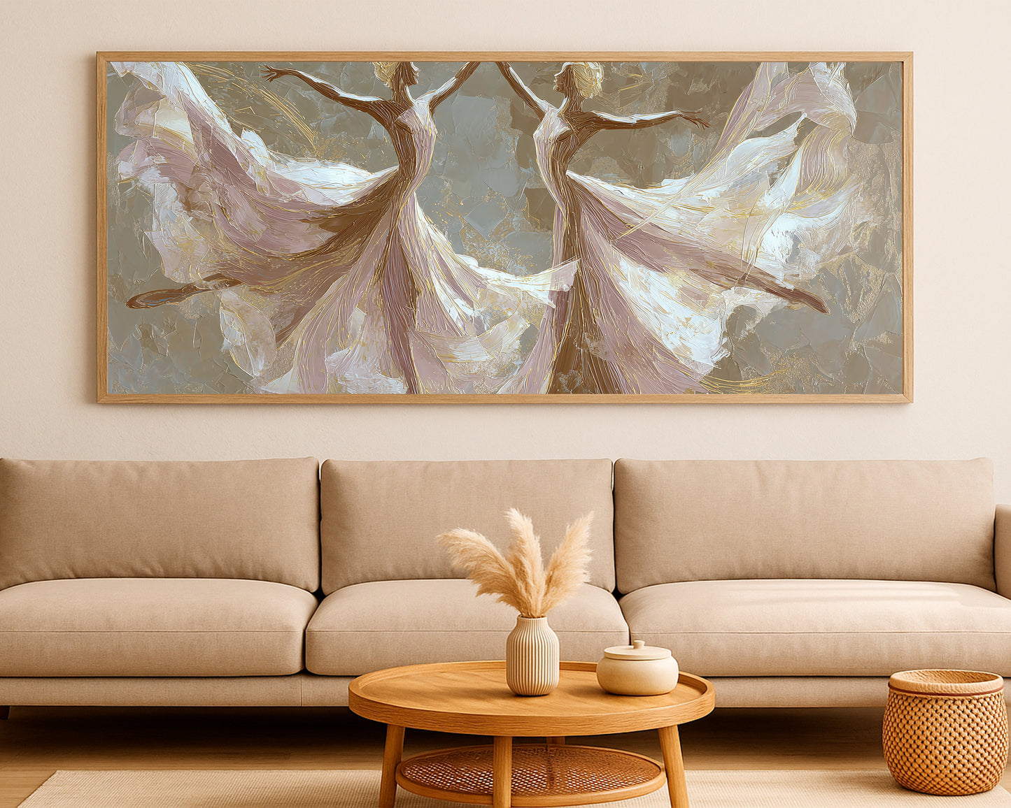 Elegant panoramic figure artwork with two dancers, sculptural brush texture, and soft neutral tones.