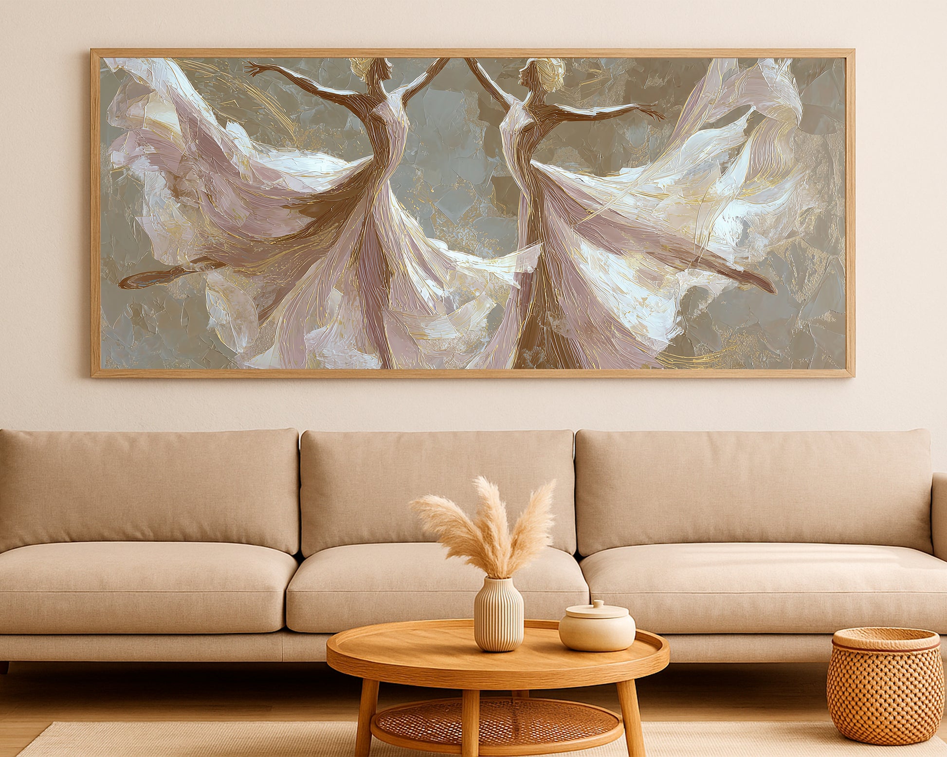 Elegant panoramic figure artwork with two dancers, sculptural brush texture, and soft neutral tones.