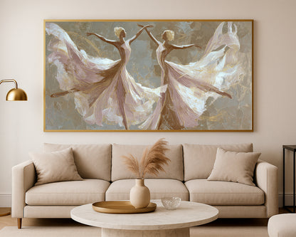 Abstract dancer wall art with sweeping ivory movement, gold details, and refined panoramic composition.