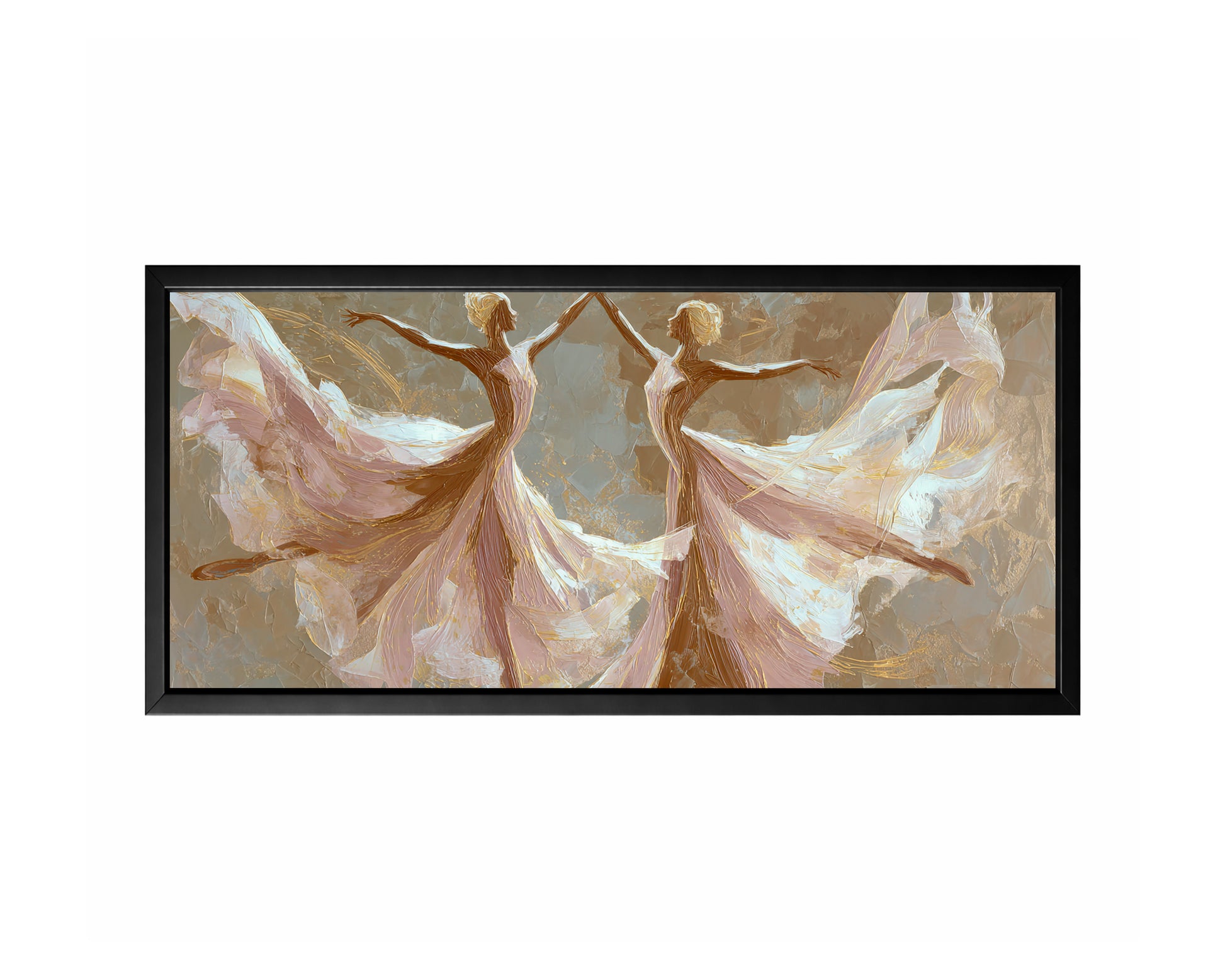 Panoramic ivory gold dancer wall art with two expressive figures and sweeping fabric-like movement.