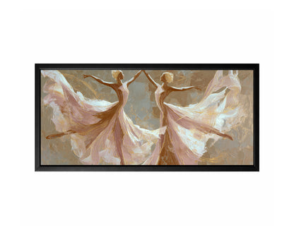 Panoramic ivory gold dancer wall art with two expressive figures and sweeping fabric-like movement.