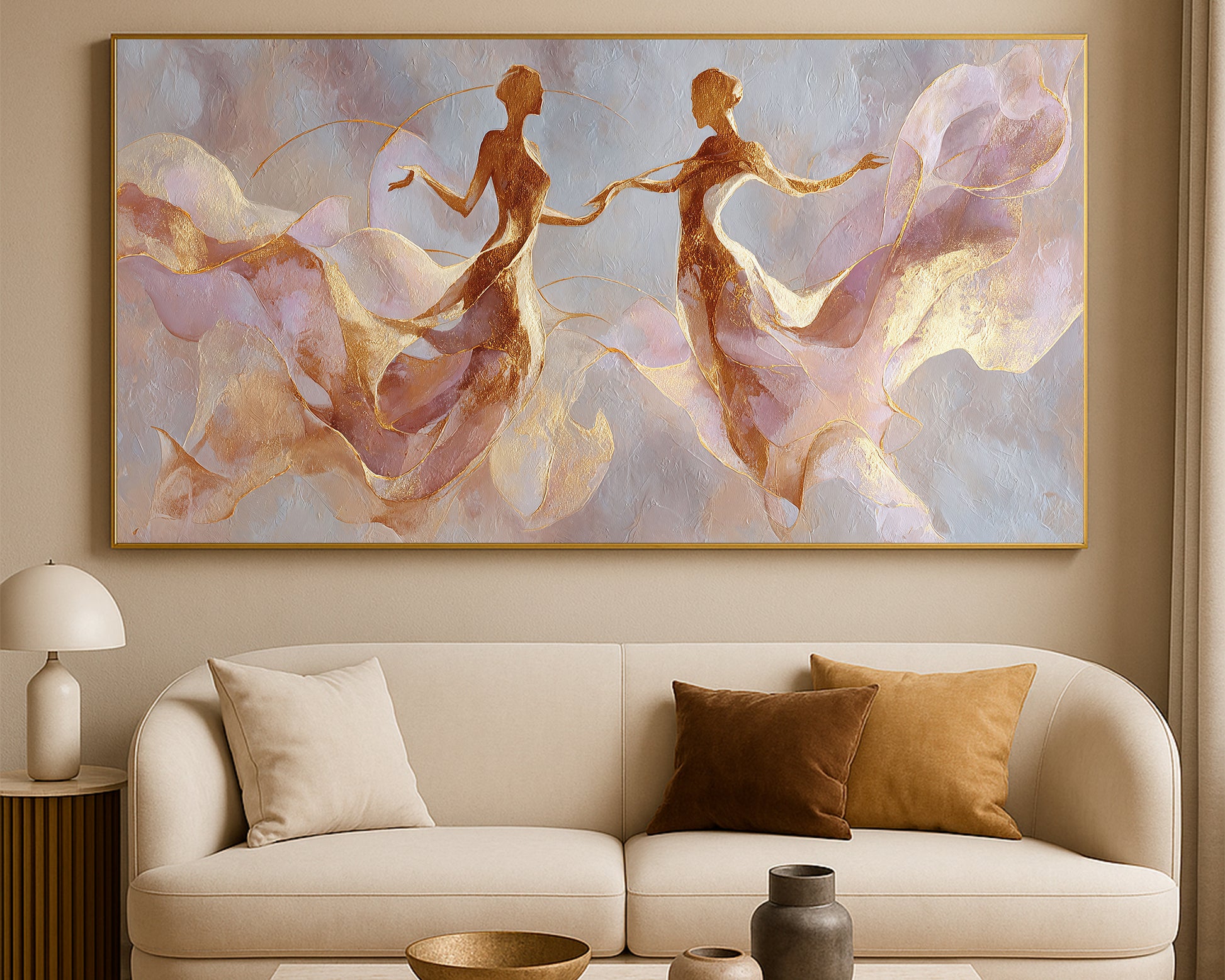 Wide soft neutral dancer artwork featuring blush, ivory, beige, and gold movement on a textured background.