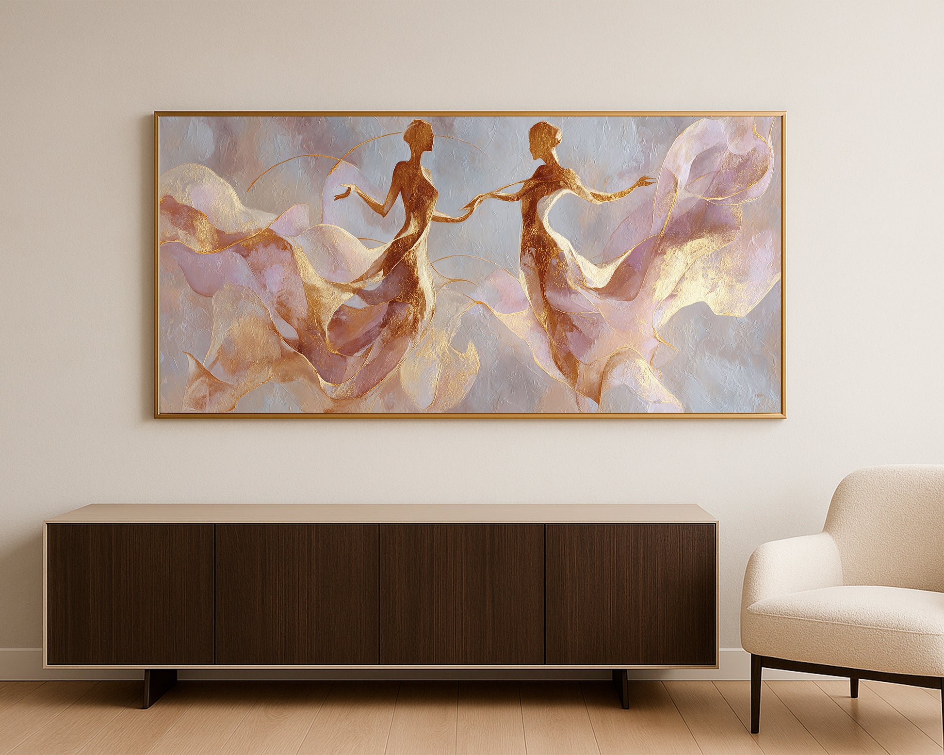 Elegant figure wall art showing two dancer silhouettes with airy pastel forms and refined gold accents.