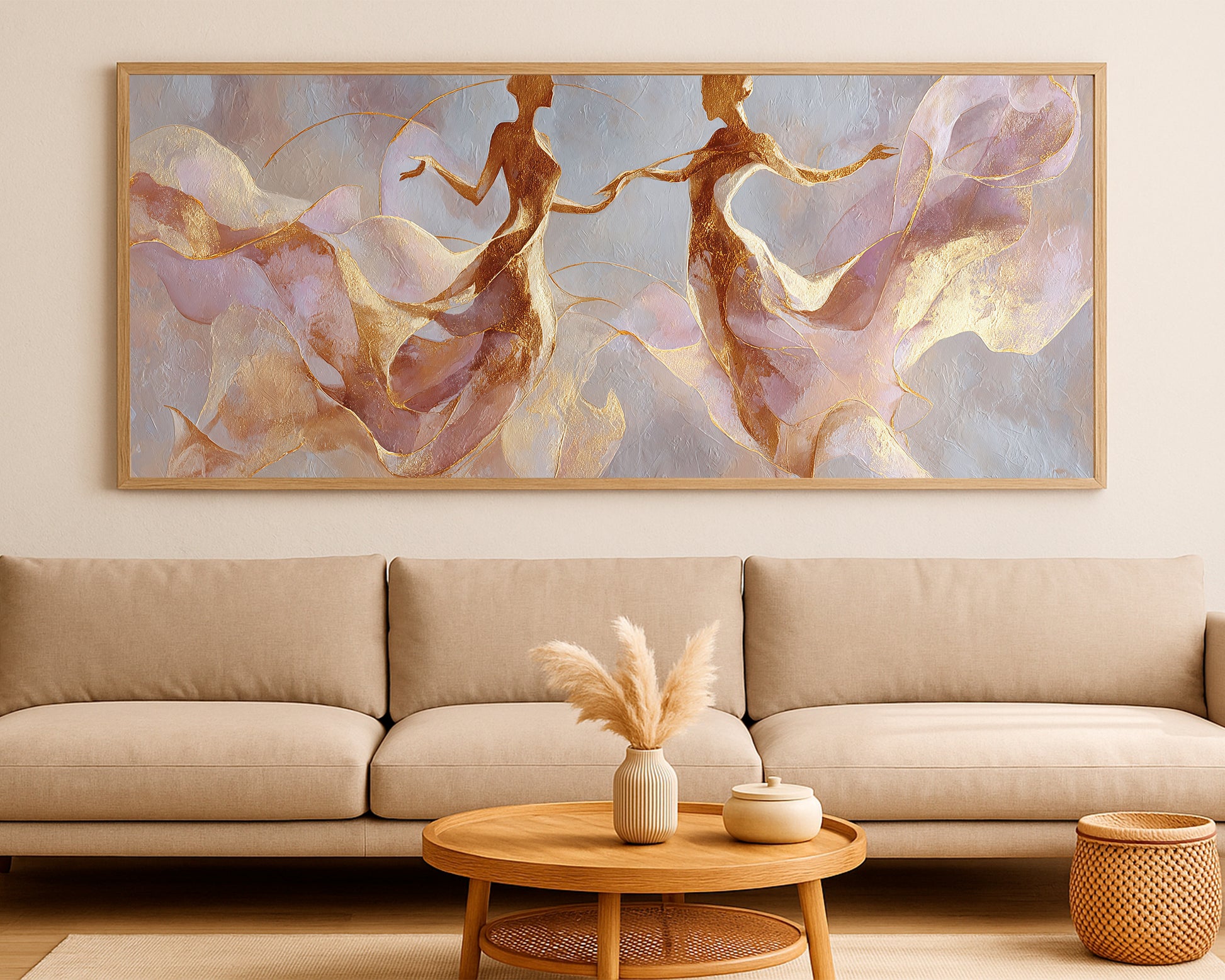 Fine art panoramic dancer print with soft pink flowing shapes, warm gold highlights, and light textured surface.