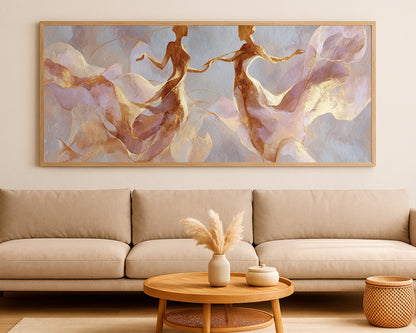 Fine art panoramic dancer print with soft pink flowing shapes, warm gold highlights, and light textured surface.
