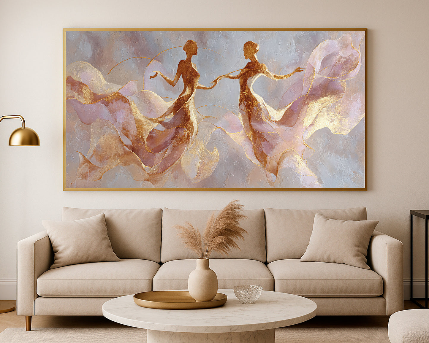 Abstract dancer silhouettes with graceful movement, blush-gold tones, and calm neutral background.