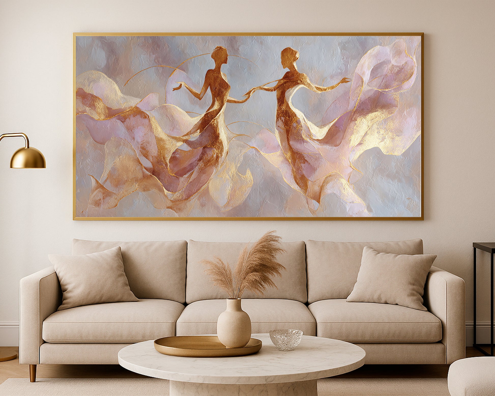 Abstract dancer silhouettes with graceful movement, blush-gold tones, and calm neutral background.