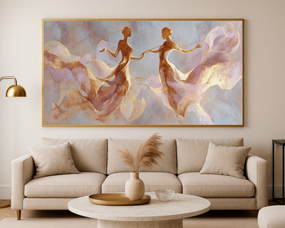 Abstract dancer silhouettes with graceful movement, blush-gold tones, and calm neutral background.