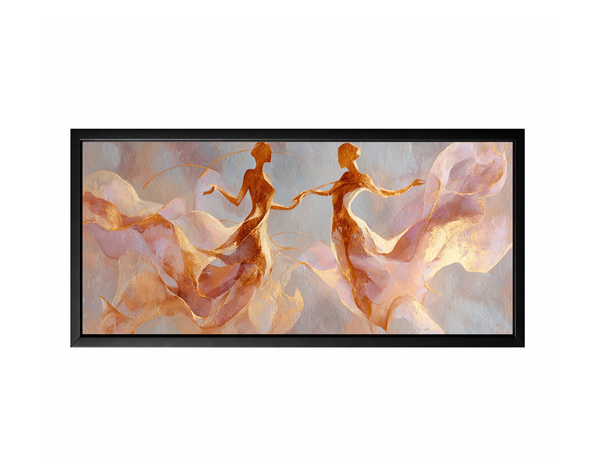 Panoramic blush gold dancer silhouettes wall art with two delicate figures and flowing abstract ribbons.