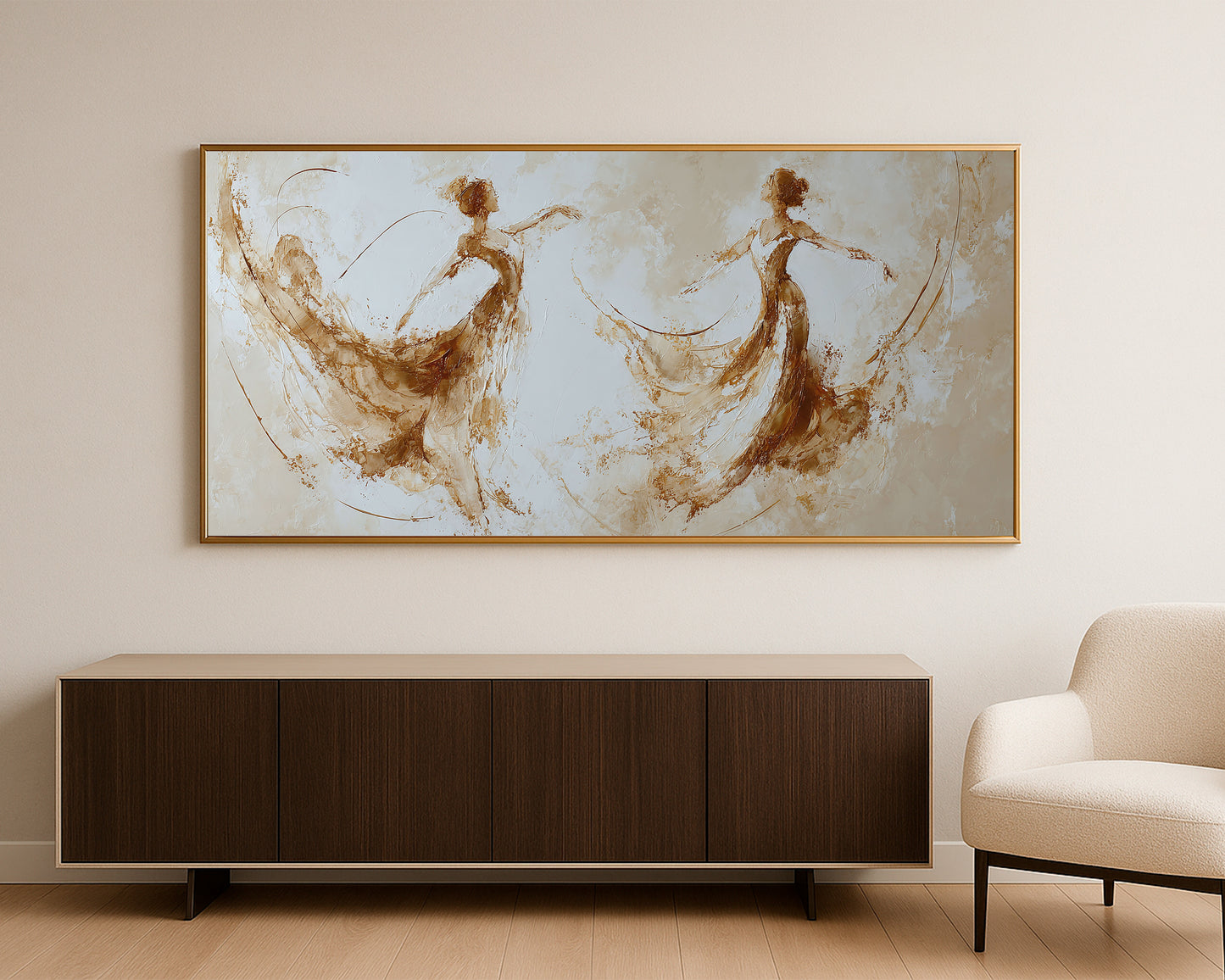 Abstract dancer figures print with warm sepia brushwork, flowing lines, and a calm light background.