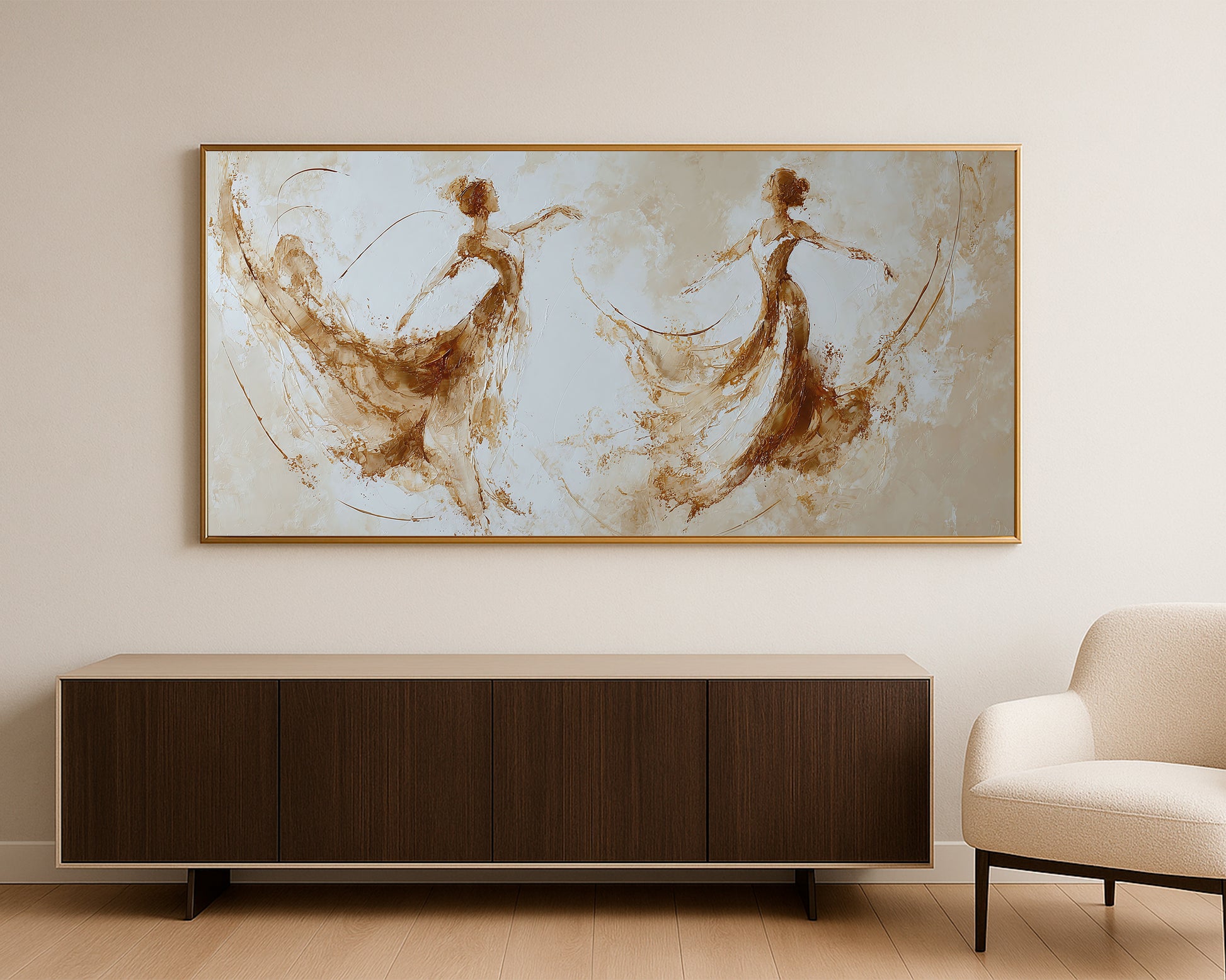 Abstract dancer figures print with warm sepia brushwork, flowing lines, and a calm light background.