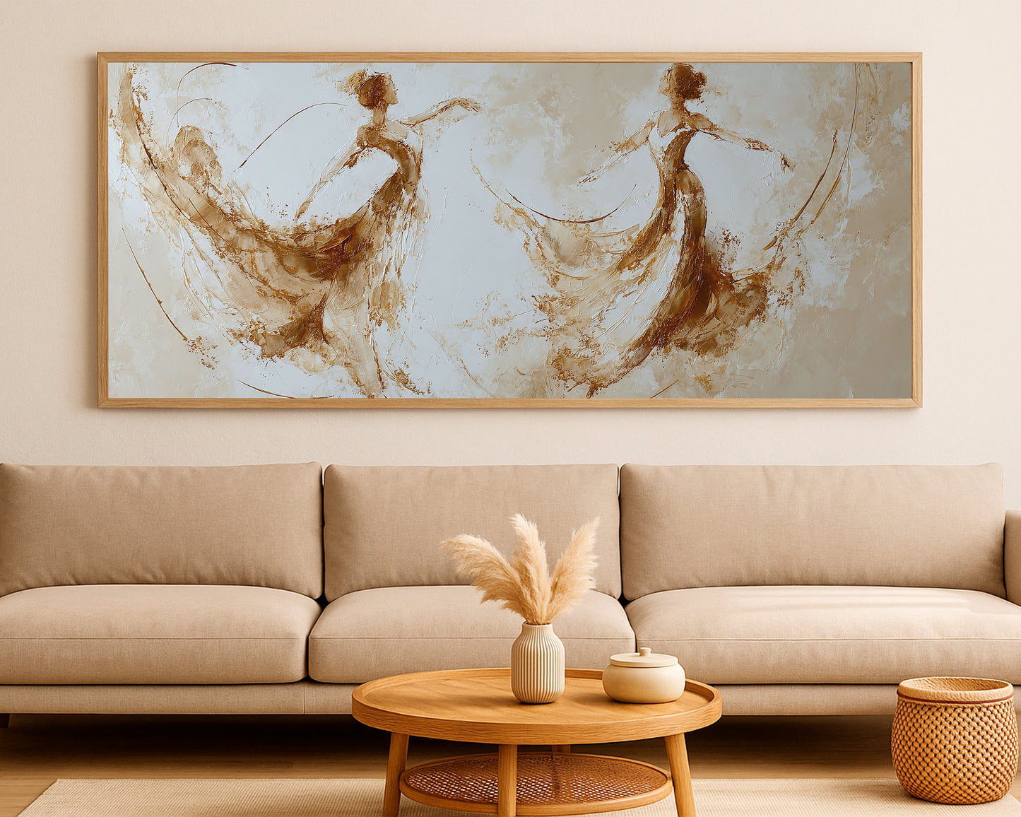 Panoramic fine art figure piece featuring two dancers with beige texture and subtle gold movement.