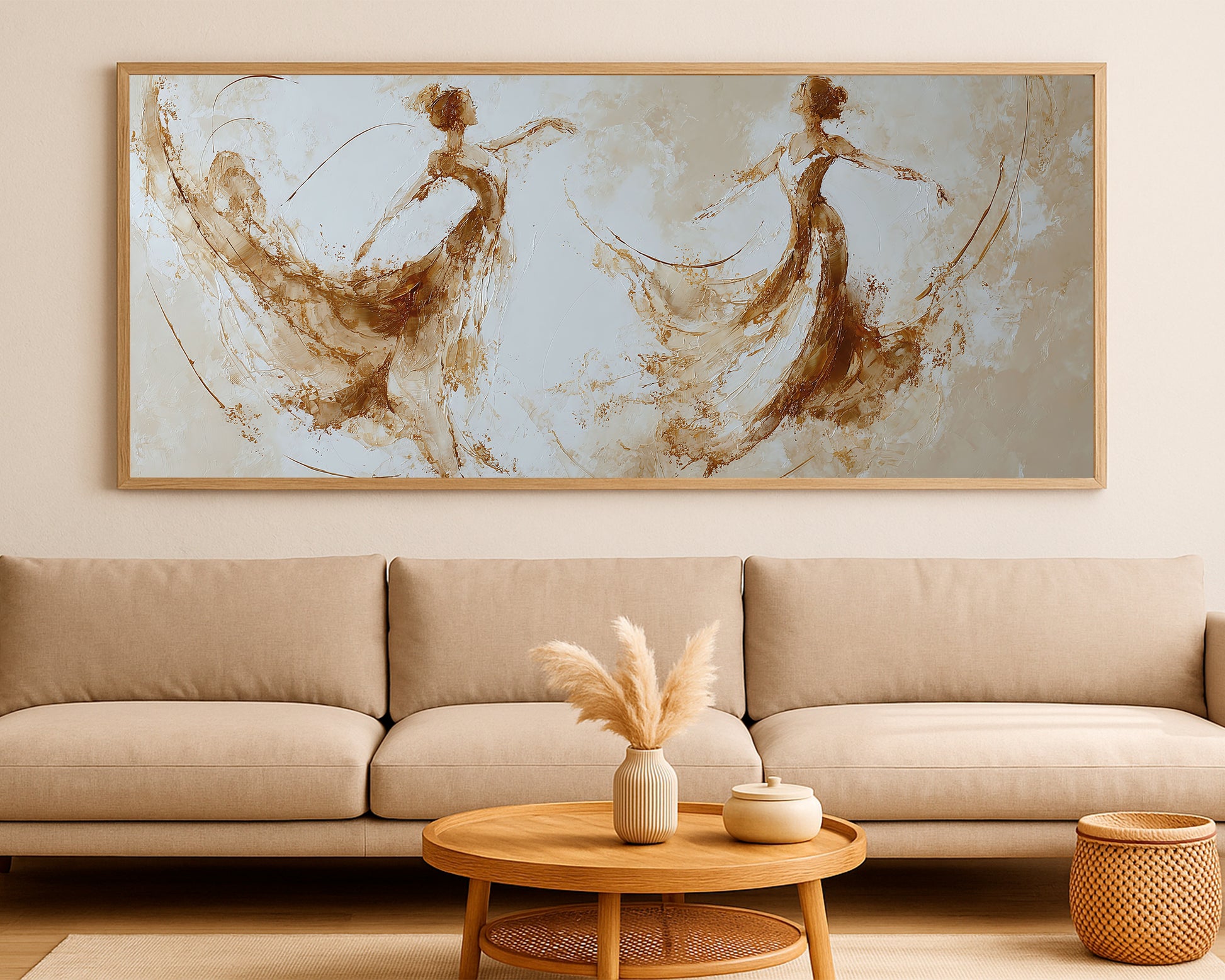 Panoramic fine art figure piece featuring two dancers with beige texture and subtle gold movement.