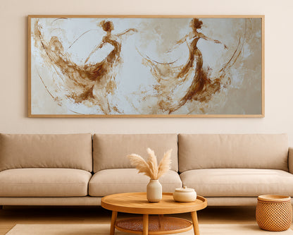 Panoramic fine art figure piece featuring two dancers with beige texture and subtle gold movement.
