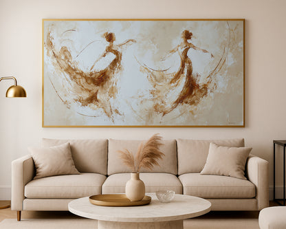 Neutral dancer wall art with two soft abstract figures, warm brown tones, and refined panoramic composition.