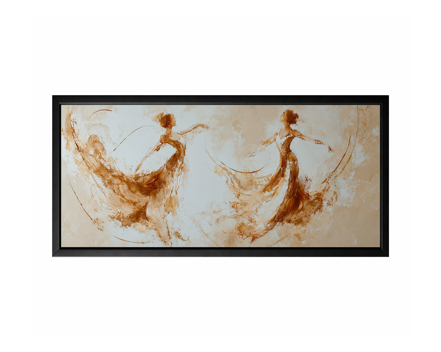 Panoramic abstract dancer wall art with two flowing figures in warm brown, beige, ivory, and gold tones.