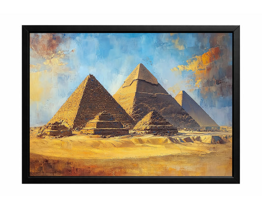 Egyptian pyramids wall art with three pyramids rising from a golden desert under a soft blue sky