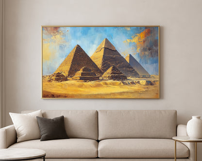 Textured desert landscape artwork featuring the pyramids of Egypt in warm sand and cool blue tones