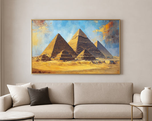 Textured desert landscape artwork featuring the pyramids of Egypt in warm sand and cool blue tones