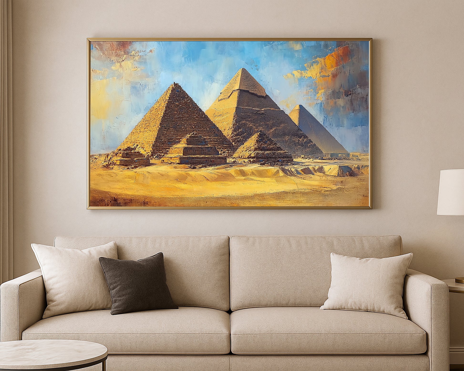 Architectural wall art print showing ancient pyramids with painterly detail and a luminous sky