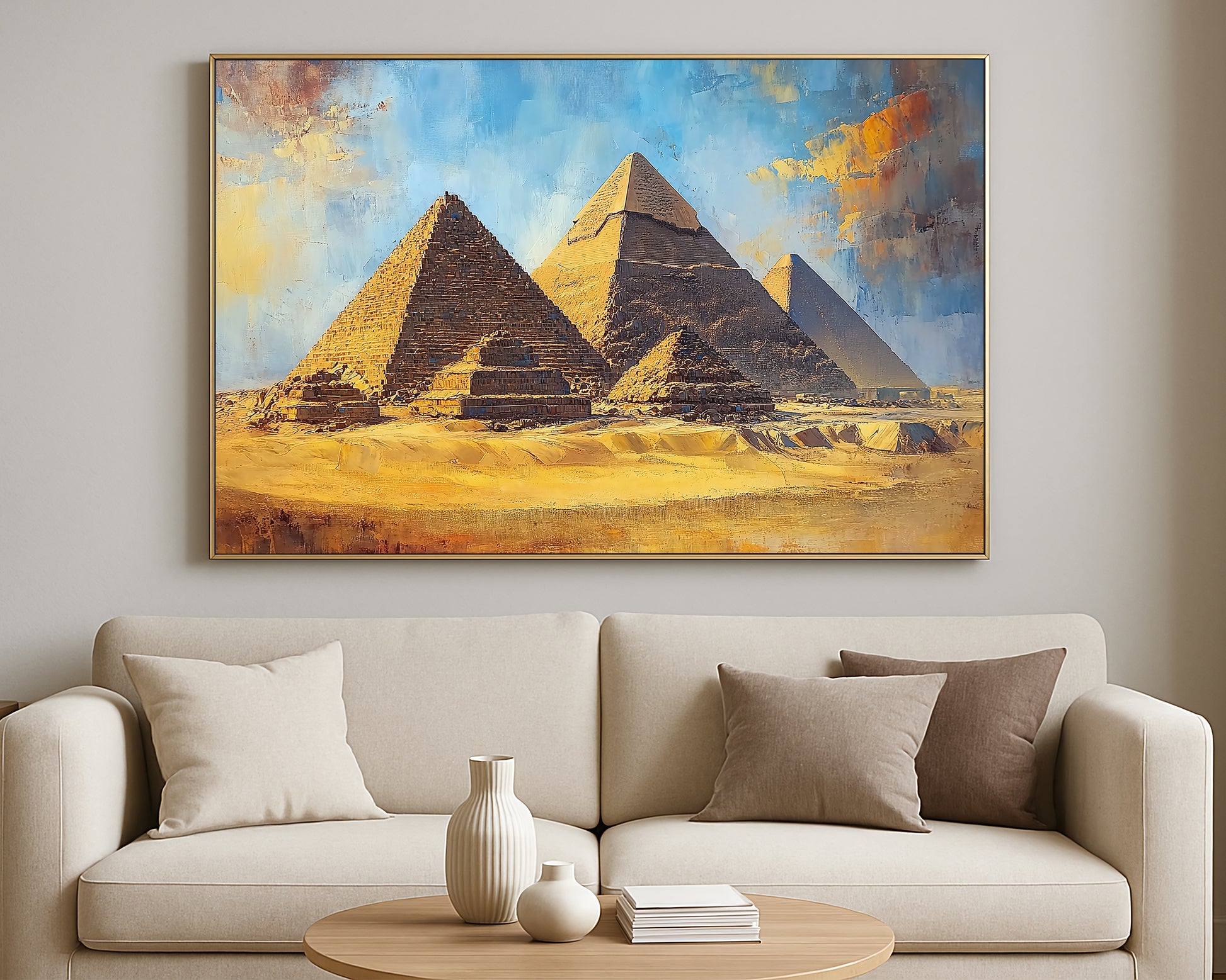 Travel-inspired landscape artwork of Egyptian pyramids with layered stone textures and desert colors
